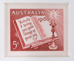 AUSTRALIA: Other Pre-Decimals: 1960 (SG.338) 5d Christmas Die Proof (95x95mm) in carmine-lake in a recessed mount with 'CBA/NOTE PRINTING/BRANCH/("20-10-60")' cachet in violet on reverse BW: 381DP(1), numbered #28 and presented to MRC Chadwick (Director-General of the PMG's Department), Cat. $2500.