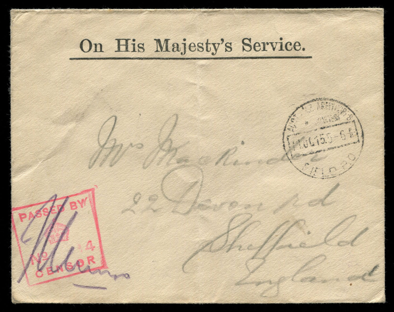 AUSTRALIA: Postal History - World War I - Military: GALLIPOLI: 1915 (Oct.11) OHMS censored cover to England with 'AUST & NZ ARMY CORPS/HEADQUARTERS/FIELD P.O.' datestamp, on reverse '1st AUST. DIVISIONAL/TRAIN/FIELD P.O.' datestamp.