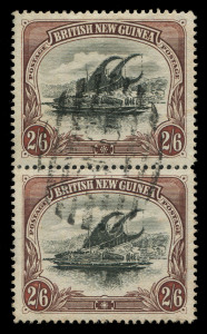 PAPUA: 1901-05 (SG.8) BNG, Watermark Horizontal, Thick Paper, 2/6d black & brown vertical pair, upper unit faint flattened crease, complete 9-Bar Type 25 cancel of Samarai. Used multiples of this issue are extremely rare, Cat. £1100+. 