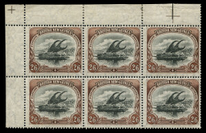 PAPUA: 1901-05 (SG.16a) BNG, Watermark Vertical 2/6d black & brown on Thin Paper, upper-left corner block of 6 (3x2), fine mint with four units unmounted. Believed to be the largest surviving multiple of a BNG 2/6d value. Ex John Du Pont, Prestige Sale No