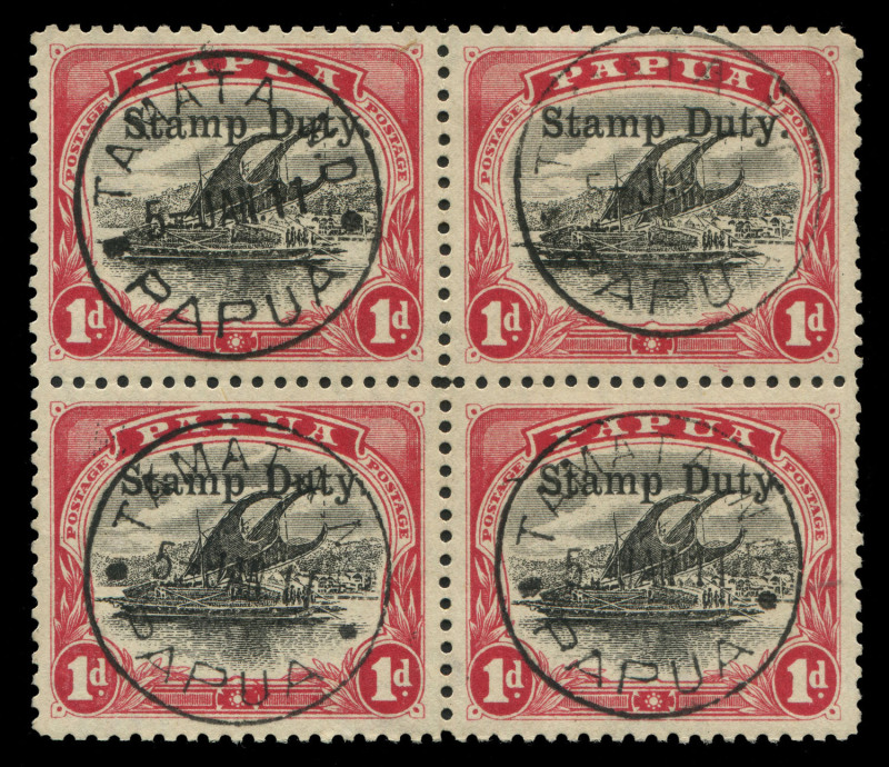 PAPUA: REVENUES: 1908 1d carmine & black optd 'Stamp Duty' block of 4, superb used block of 4, each unit with a fine strike of Lee Type 74 'TAMATA N.D.' datestamp. Scarce multiple.