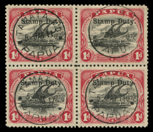 PAPUA: REVENUES: 1908 1d carmine & black optd 'Stamp Duty' block of 4, superb used block of 4, each unit with a fine strike of Lee Type 74 'TAMATA N.D.' datestamp. Scarce multiple.