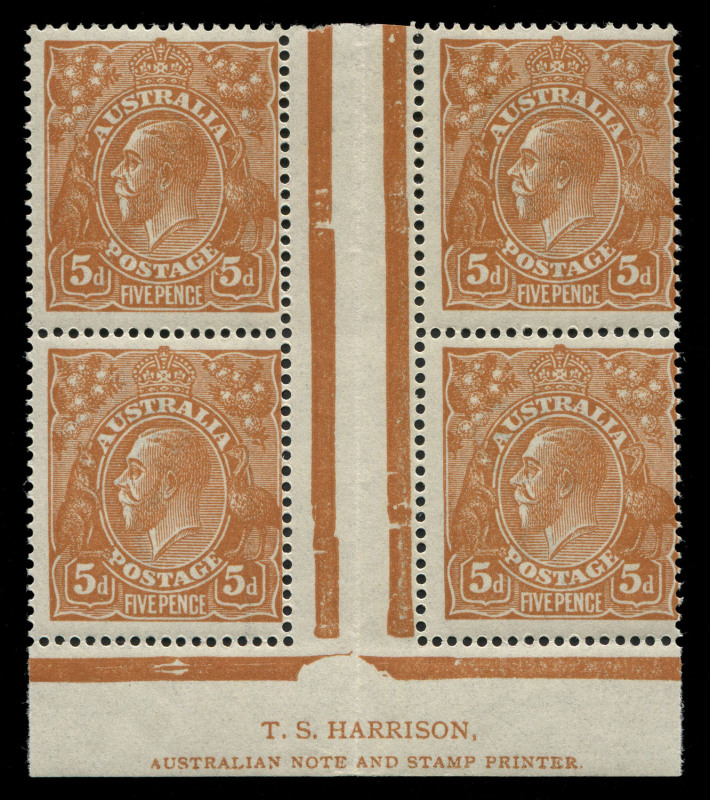 AUSTRALIA: KGV Heads - Single Watermark: Comb Perf: 5d Orange-Brown TS Harrison 'N' over 'MP' two-line imprint block of 4, mounted in central gutter only, otherwise unmounted, BW.123zf - Cat $9500+. 