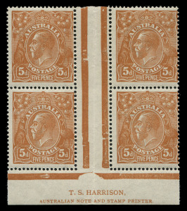 AUSTRALIA: KGV Heads - Single Watermark: Comb Perf: 5d Orange-Brown TS Harrison 'N' over 'MP' two-line imprint block of 4, mounted in central gutter only, otherwise unmounted, BW.123zf - Cat $9500+.