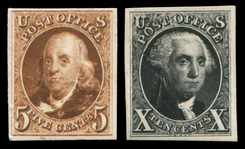 UNITED STATES OF AMERICA: 1847 (Scott.3P&4P) First Issue 5c brown Franklin & 10c black Washington official reproduction imperf PLATE PROOFS on card, very fresh unused as issued; Cat US$1,900.