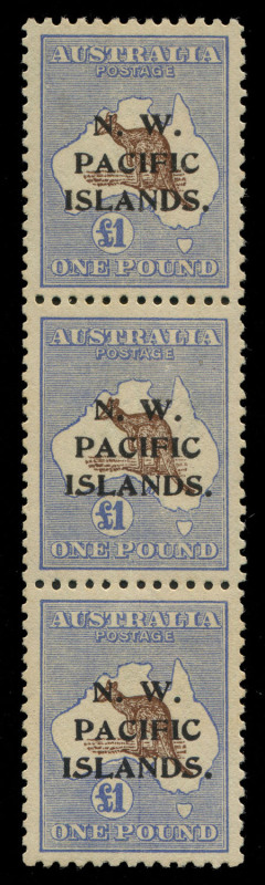 NEW GUINEA - 'N.W./PACIFIC/ISLANDS' Overprints: 1915-16 (SG.99) Kangaroos Third Wmk £1 chocolate & dull blue abc strip of 3, upper unit "Roo with broken right ear", plus a "Vertical line running through all three units (possibly a retouched plate scratch)