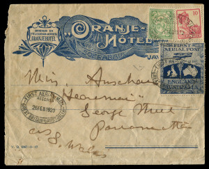 AUSTRALIA: Aerophilately & Flight Covers: Nov.1919 - Feb.1920 (AAMC.27a) Batavia - Sydney intermediate, flown cover carried by Ross & Keith Smith on their flight from England in the Vickers Vimy. The cover shows a fine example of the vignette accompanied by Netherlands Indies adhesives, all tied by multiple strong strikes of the oval "FIRST AERIAL MAIL" cachet. The cover, #14 in the Frommer listing (illustrated at page 25) is one of the more spectacular examples, bearing advertising for the "Ora