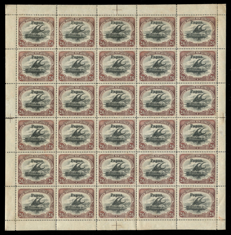 PAPUA: 1906-07 (SG.20) Overprinted Large 'Papua', Watermark Horizontal, Thick Paper complete sheet of 30 with margins intact, accompanying album page identifying minor varieties. Believed to be the only complete sheet in private hands, Cat. £5100++. Prove