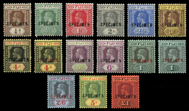 FIJI: 1912-23 (SG.125s-137s) ¼d to £1 set optd 'SPECIMEN' including 4d & 1/- shades (SG.131ds & 134cs), most values incl. key £1 MLH, Cat.£610.