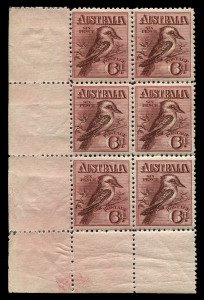 AUSTRALIA: KGV Engraved Issues: 6d Kookaburra marginal block of 6 (2x3) from the lower-left corner of the sheet, perf reinforcements in left margin only, stamps are unmounted, Cat. $1500+