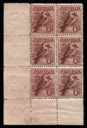 AUSTRALIA: KGV Engraved Issues: 6d Kookaburra marginal block of 6 (2x3) from the lower-left corner of the sheet, perf reinforcements in left margin only, stamps are unmounted, Cat. $1500+ 