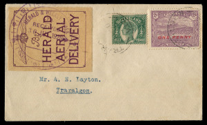 AUSTRALIA: Aerophilately & Flight Covers: 30 July 1920 (AAMC.47) Melbourne - Traralgon cover, flown by Captain E.W. Leggett for "The Herald & Weekly Times"; with special purple of yellow "By HERALD AERIAL DELIVERY" vignette attractively tied on the front 