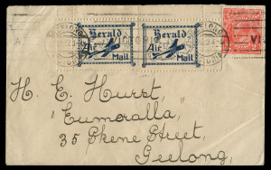 AUSTRALIA: Aerophilately & Flight Covers: 17 Apr.1922 (AAMC.63, Frommer 5d1) "The Herald & Weekly Times" experimental air mail flight Melbourne - Geelong & return: cover to Geelong with two corner examples of the 'Herald Air Mail' vignette in light blue. Very few covers are recorded bearing multiple vignettes. Provenance: Tom Frommer Collection of Air Mail Labels & Vignettes 1920 - 1960, Charles Leski Auctions, May 2005.
