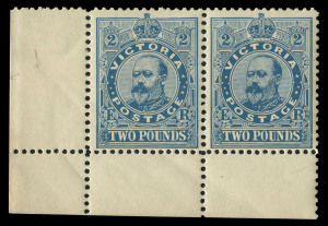 VICTORIA: 1905-13 (SG.445) Wmk Crown/A Perf.11 KEVII £2 dull blue marginal pair from lower-left corner of the sheet, fresh MUH, Cat £2600++. Extremely rare multiple.