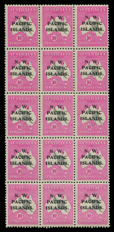 NEW GUINEA - 'N.W./PACIFIC/ISLANDS' Overprints: 1918-22 (SG.117) 10/- Kangaroo grey & bright pink block of 15 (3x5), well centred, twelve units MUH, very fresh, Cat £2,550++. Superb!