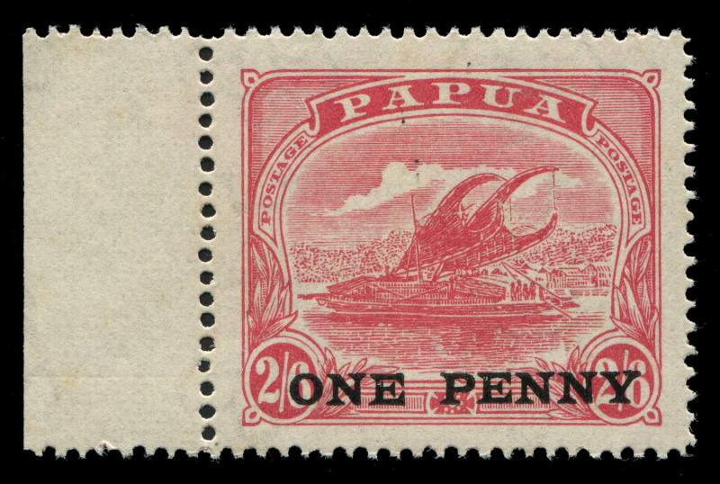 PAPUA: 1917 (SG.111a) Surcharges 'ONE PENNY' on 2/6d rose-carmine [Pos.21] with WATERMARK UPRIGHT (INVERTED), very fresh MUH marginal example. Only one sheet of 40 discovered with no other upright watermarks recorded for the 'ONE PENNY' surcharge issue, C