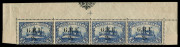 NEW GUINEA - 'G.R.I.' Overprints: 1914 (SG.60) 3½-4mm Spacing on Marshall Islands '2s' on 2mk blue [Setting 3] horizontal strip of 4 from top of the sheet with part "eagle" monogram in the sheet margin, second unit with variety "Replaced stop after I", mo