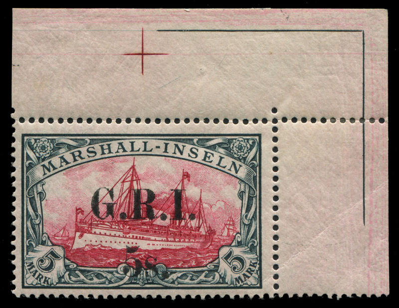 NEW GUINEA - 'G.R.I.' Overprints: 1914 (SG.62) 3½-4mm Spacing on Marshall Islands '5s' on 5mk carmine & black marginal example from upper-right corner of the sheet, fine mint, Cat. £14,000. Philatelic Foundation Certificate (1998). A great rarity.