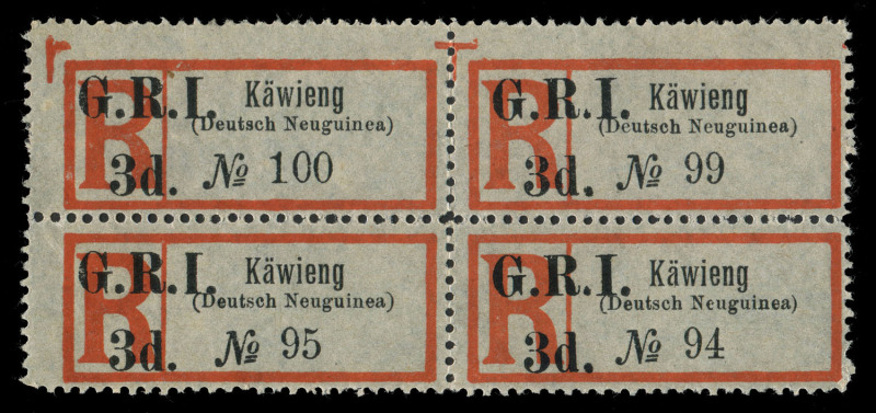 NEW GUINEA - 'G.R.I.' Overprints: 1915 (SG.42) 'G.R.I./3d' on German Registration Label, Town Name with Serifs 'Kawieng/(Deutsch Neuguinea)' block of 4, superb mint, Cat. £1000+.