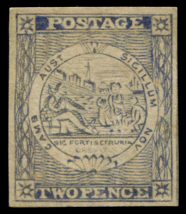 NEW SOUTH WALES: 1851 (SG.38) Stout Yellowish Vertically Laid Paper 2d dull ultramarine, superb impression with four well defined margins, unused. RPSofL Certificate (2001) states "is genuine" observing a "Hinge remainder over repair and slight surface imperfections". Overall a fine example of a rare stamp, Cat. £16,000.
