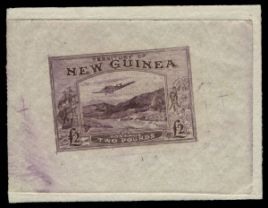 NEW GUINEA: FORGERY: 1935 (SG.204) £2 Bulolo Panelli/Oneglia die proof forgery in violet. Seldom offered.