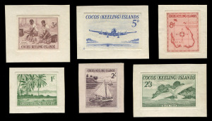 COCOS ISLANDS: DIE PROOFS: 1963 (SG.1-6) complete set of Pictorials imperforate die proofs in issued colours on thick card comprising 3d Copra, 5d Aircraft, 8d Map, 1/- Palm Trees, 2/- Native Dukong & 2/3d White Tern. Each value was formerly housed in individual sunken frames within a composite die proof as BW: CK1/6DP(1) - Cat $15,000. Only 10 such Die Proofs were issued.