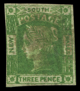 NEW SOUTH WALES: 1854 (SG.87b) Laureates Wmk Double-Lined Figures 3d yellow-green WATERMARK ERROR '2', complete margins (just touching at left), natural paper crease, strong colour, fine used, Cat £1,600. A sought-after rarity.