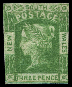 NEW SOUTH WALES: 1854 (SG.87b) Laureates Wmk Double-Lined Figures 3d yellow-green WATERMARK ERROR '2', complete margins on three sides (4th just touching), small margin nick in lower left corner. A great rarity - there was no unused example in the "Gary Diffen Collection of Australian Colonial Errors" (Spink, April 2020) and fewer than five unused examples are recorded, this example being superior to that held in the Royal Collection; grossly undercatalogued at £7500. RPSofV (1991) & RPSofL (199
