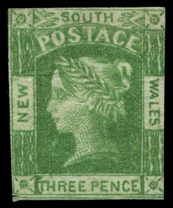 NEW SOUTH WALES: 1854 (SG.87b) Laureates Wmk Double-Lined Figures 3d yellow-green WATERMARK ERROR '2', complete margins on three sides (4th just touching), small margin nick in lower left corner. A great rarity - there was no unused example in the "Gary D