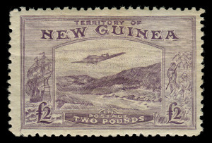 NEW GUINEA: FORGERY: 1935 (SG.204) £2 Bulolo Panelli/Oneglia forgery in dull violet, with gum.