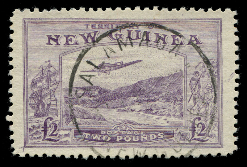 NEW GUINEA: FORGERY: 1935 (SG.204) £2 Bulolo Panelli/Oneglia forgery in dull violet, forged SALAMAUA datestamp.