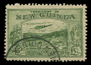 NEW GUINEA: FORGERY: 1935 (SG.205) £5 Bulolo Panelli/Oneglia forgery in dull green, forged datestamp.