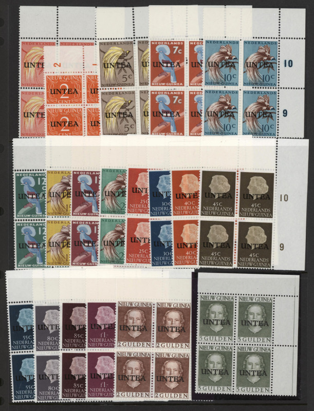 NETHERLANDS: WEST NEW GUINEA: 1962-63 'UNTEA' Overprints on Netherlands New Guinea 1c to 5g set in matching corner blocks of 4, superb fresh MUH.