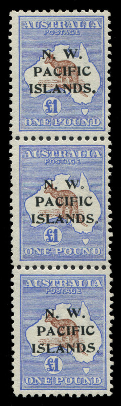 NEW GUINEA - 'N.W./PACIFIC/ISLANDS' Overprints: 1915-16 (SG.99) Kangaroos Third Wmk £1 brown & blue abc strip, the second unit with overprint variety "Hollow stop after 'W'", fresh unmounted and rare thus, Cat £1400++.