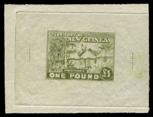 NEW GUINEA: FORGERY: 1925 (SG.136) Panelli/Oneglia forgery of £1 Huts die proof in dull olive-green on wove paper (66x50mm), with "guide markings" at sides.