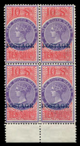 NEW SOUTH WALES: 1894-1904 (SG.277b) QV 10/- violet & rosine, Perf.12x11 on chalk surfaced paper, marginal block of 4 from base of the sheet, very fresh mint, Cat. £1500+. Superb! 