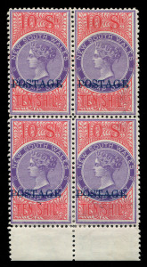 NEW SOUTH WALES: 1894-1904 (SG.277b) QV 10/- violet & rosine, Perf.12x11 on chalk surfaced paper, marginal block of 4 from base of the sheet, very fresh mint, Cat. £1500+. Superb!