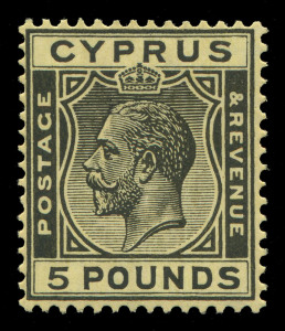 CYPRUS: 1924-28 (SG.117a) Script CA KGV £5 black/yellow SG.117a, very fine mint, Cat £3750. Key KGV British Commonwealth issue.