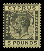 CYPRUS: 1924-28 (SG.117a) Script CA KGV &pound;5 black/yellow SG.117a, very fine mint, Cat &pound;3750. Key KGV British Commonwealth issue.