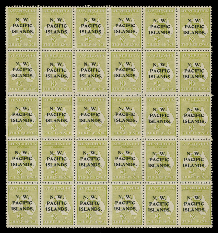 NEW GUINEA - 'N.W./PACIFIC/ISLANDS' Overprints: 1918-23 (SG.109) 3d greenish-olive Die I complete pane (fifth setting), a couple of varieties noted on the accompanying album page, many units MUH, Cat £690+. Ex Patrick Williams FRPSL.