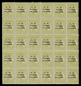 NEW GUINEA - 'N.W./PACIFIC/ISLANDS' Overprints: 1918-23 (SG.109) 3d greenish-olive Die I complete pane (fifth setting), a couple of varieties noted on the accompanying album page, many units MUH, Cat £690+. Ex Patrick Williams FRPSL.