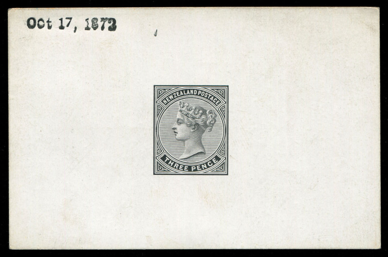 NEW ZEALAND: 1874-78 Sidefaces 3d Die Proof in black on glazed card (93x60mm), handstamped 'Oct 17, 1872', light pencil annotation on reverse noting purchase price of 60/- from dealer H.F. Johnson in 1942. Fine condition.