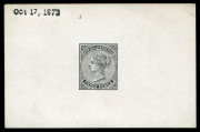 NEW ZEALAND: 1874-78 Sidefaces 3d Die Proof in black on glazed card (93x60mm), handstamped 'Oct 17, 1872', light pencil annotation on reverse noting purchase price of 60/- from dealer H.F. Johnson in 1942. Fine condition.