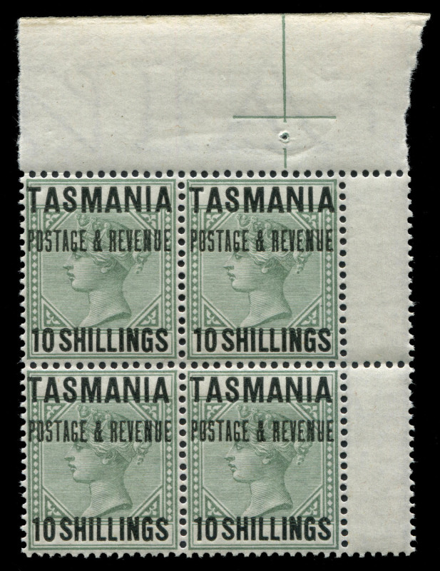 TASMANIA: ESSAYS: 1886 Proposed High Values De La Rue essay of keyplate design in violet overprinted 'TASMANIA/POSTAGE & REVENUE/TWO SHILLINGS/AND SIXPENCE' in black, or in grey-green similarly overprinted '.../10 SHILLINGS', both in upper-right corner b