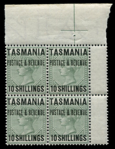 TASMANIA: ESSAYS: 1886 Proposed High Values De La Rue essay of keyplate design in violet overprinted 'TASMANIA/POSTAGE & REVENUE/TWO SHILLINGS/AND SIXPENCE' in black, or in grey-green similarly overprinted '.../10 SHILLINGS', both in upper-right corner b