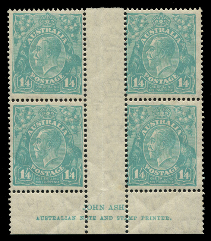 AUSTRALIA: KGV Heads - CofA Watermark: 1/4d Greenish-Blue Ash Imprint block of 4, very lightly hinged on central gutter, stamps MUH; BW:131z, extrapolated Cat. for MUH, $2,500.    