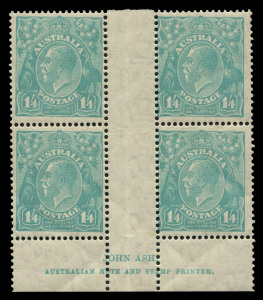 AUSTRALIA: KGV Heads - CofA Watermark: 1/4d Greenish-Blue Ash Imprint block of 4, very lightly hinged on central gutter, stamps MUH; BW:131z, extrapolated Cat. for MUH, $2,500.    