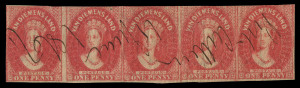 TASMANIA - Postmarks: Provisional Town Cancel: "Port Arthur 11 June 1867" manuscript cancel across 1d dull vermilion Chalon SG.28 imperforate strip of 5.