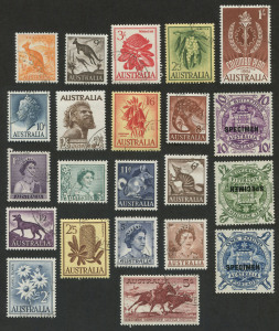 AUSTRALIA: Other Pre-Decimals: SPECIMEN FOLDER: c.1950 brown/brownish-grey folder with Arms 10/-, £1 and £2 overprinted 'SPECIMEN', plus lower values to 5/- Cattle CTO, all unmounted. (21)