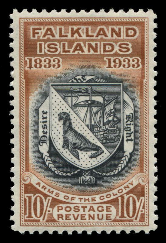 Falkland Islands: 1933 (SG.137) 10/- Coat of Arms, excellent centring, very fine MLH, Cat. £850.